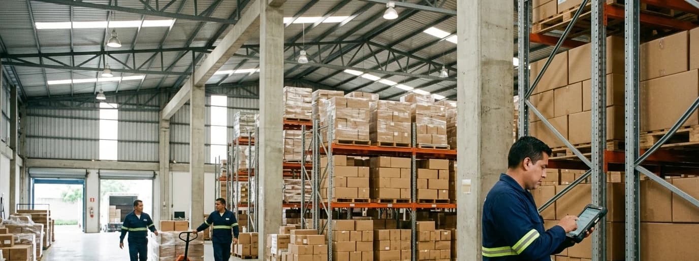 Bodeguero revisando inventario en una tableta frente a racks cargados de cajas, con un compañero moviendo una tarima al fondo
