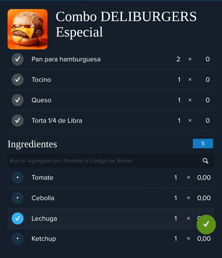 Panel de un combo en BIMS con sus componentes marcados —pan, tocino, queso y torta— y debajo la lista de ingredientes con su cantidad.
