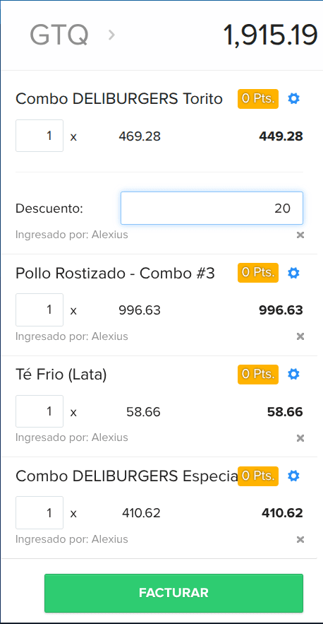 Panel de la venta en BIMS con la línea de descuento aplicada sobre el total, y el detalle de cada producto con su precio.