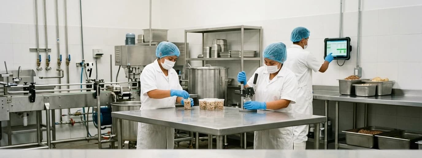 Operarias con bata, gorro y guantes envasando producto sobre una mesa de acero inoxidable, con un tercer operario consultando una tableta
