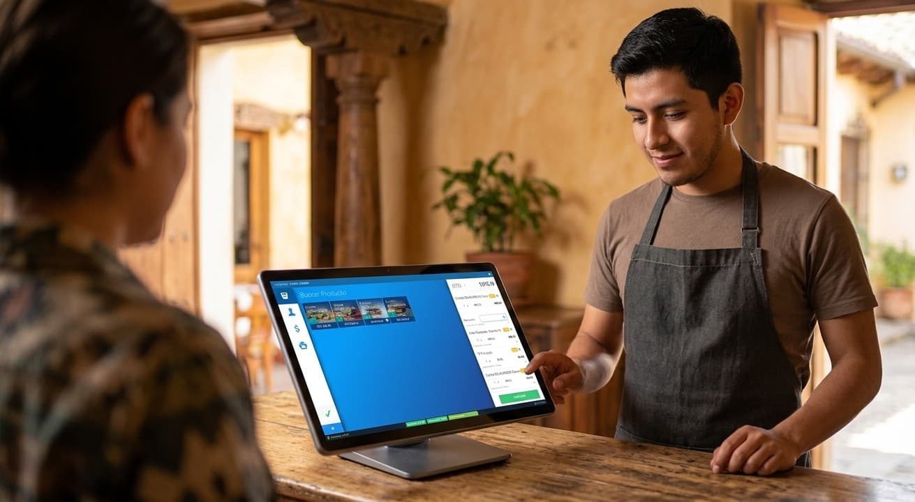 Empleado de un restaurante tomando el pedido de una clienta en el mostrador, sobre una terminal con la pantalla de venta de BIMS abierta.