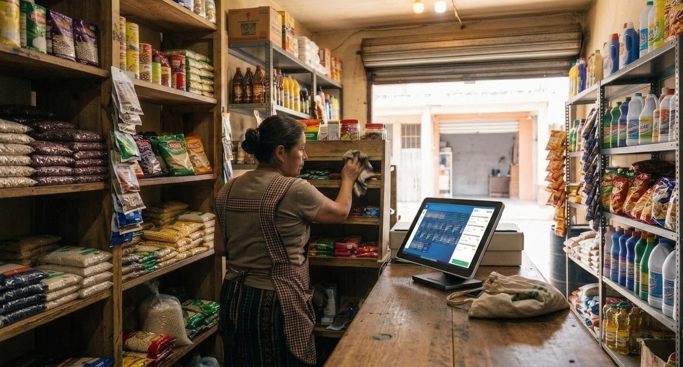 Tendera acomodando producto en una tienda de abarrotes, con una terminal de punto de venta sobre el mostrador de madera y los estantes llenos detrás.