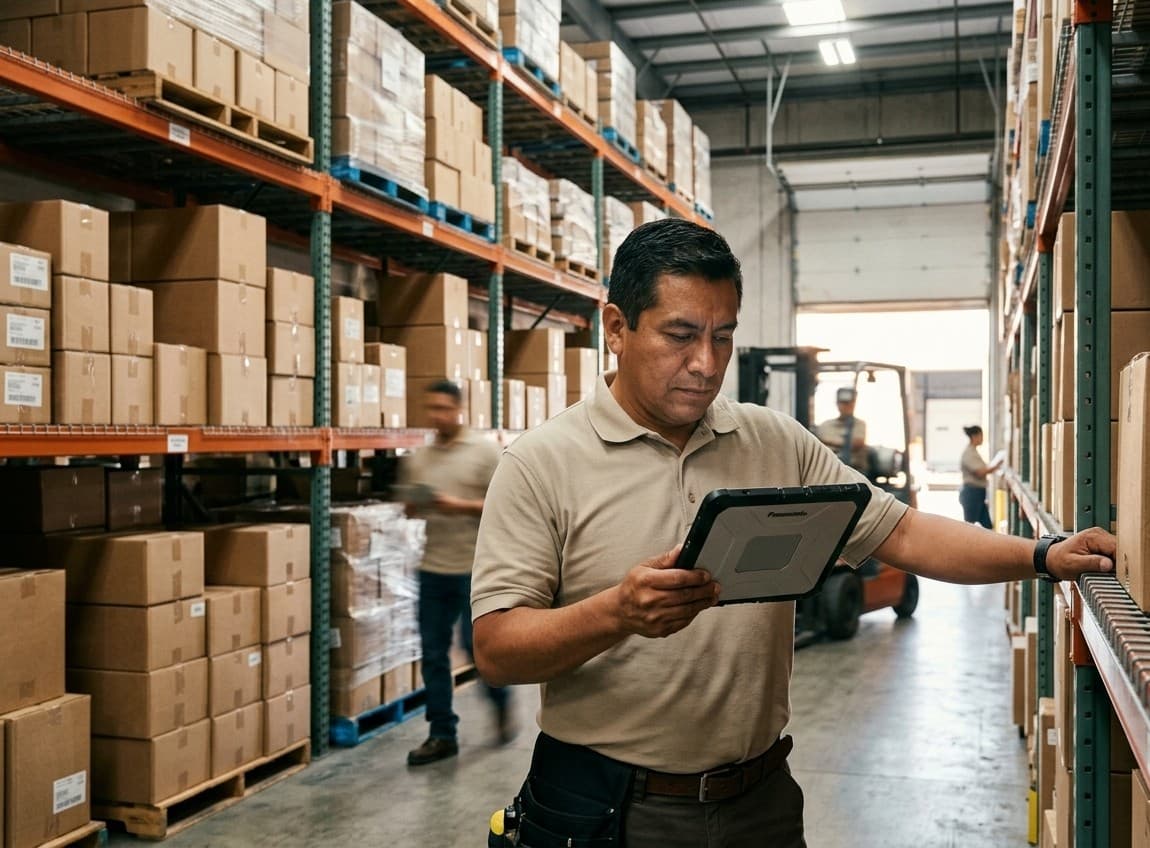 Encargado de bodega revisando existencias con una tableta entre racks de cajas paletizadas, con un montacargas al fondo.