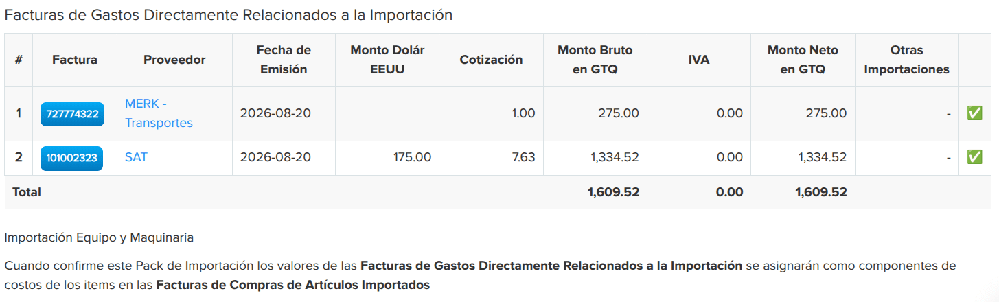 Tabla de gastos de un pack de importación en BIMS, con el flete y los impuestos en quetzales y la línea que explica que esos valores se asignan como componentes de costo de cada producto.