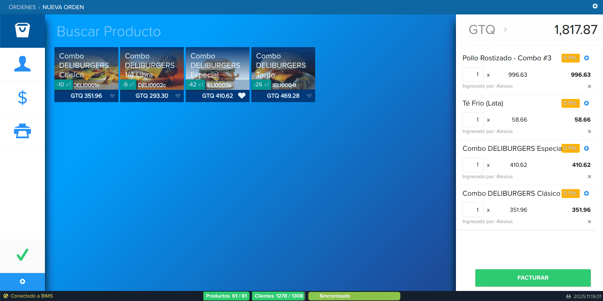Pantalla de venta de BIMS con un ticket armado: los productos del combo a la izquierda y a la derecha el detalle con el total en quetzales y el botón de facturar.